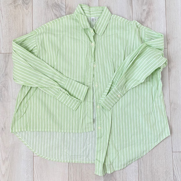 STORETS Green Striped Asymmetrical Button Down Shirt - Picture 5 of 9